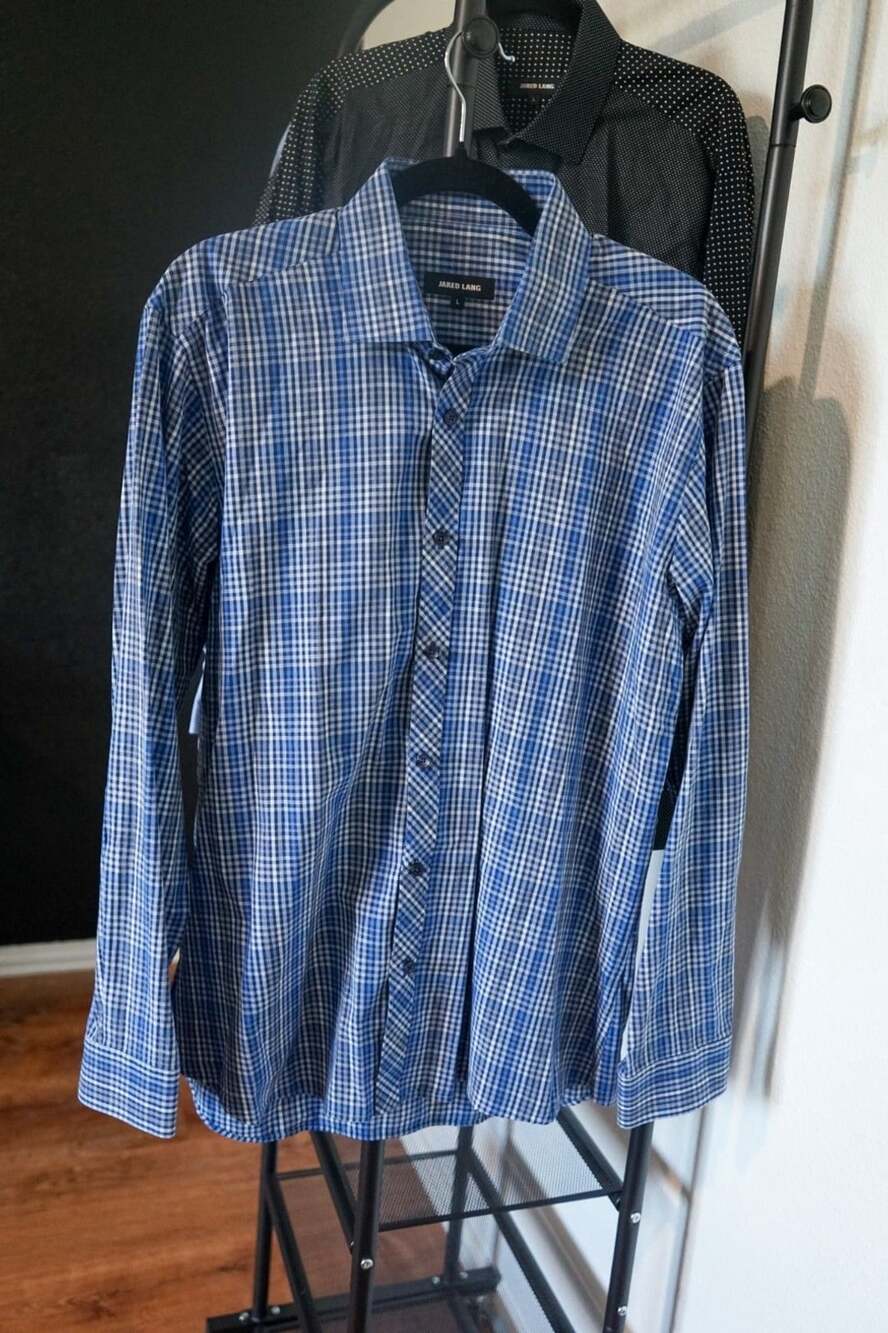 Jared Lang - Men's Blue & White Micro Check Long Sleeve Button Down Shirt Size L